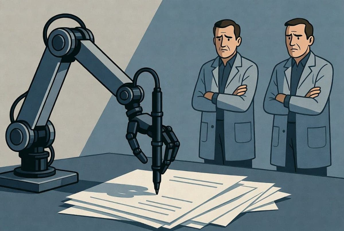 Abstract visualization of an autonomous AI system generating scientific research papers through interconnected neural pathways and experimental data flows