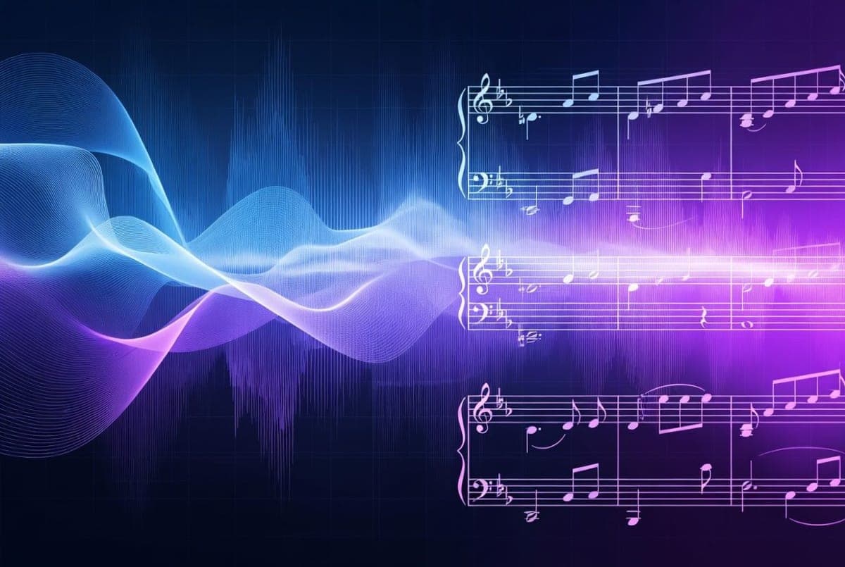 Abstract visualization of AI-generated music with waveform patterns and structural song elements