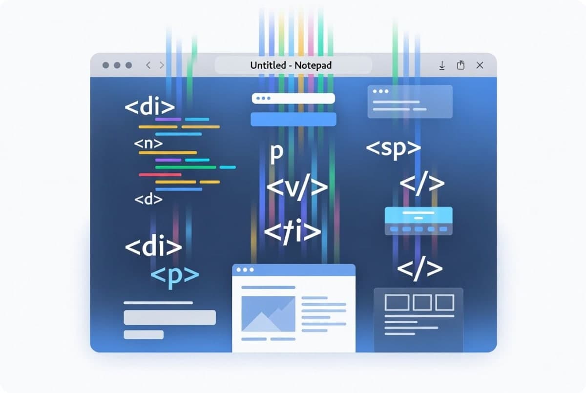 Abstract browser interface with HTML code streaming across the screen in real time, representing AI-generated web pages