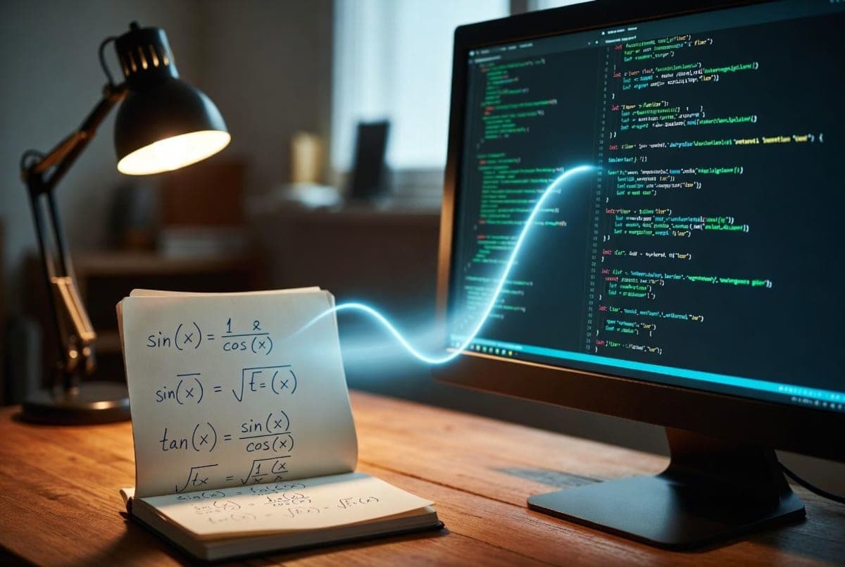 Abstract mathematical equations and geometric shapes floating in a workspace, blending traditional pen-and-paper math with digital interface elements