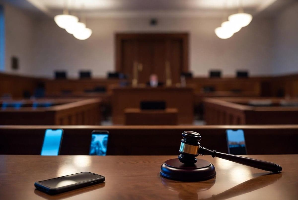 Los Angeles Superior Court exterior with crowd of parents holding photos of children after social media addiction trial verdict