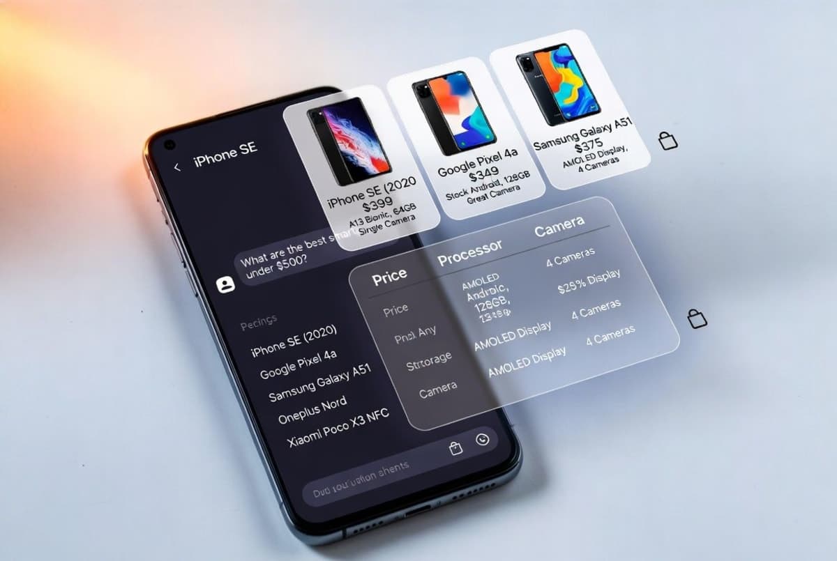 Smartphone displaying ChatGPT interface with a grid of product images and comparison cards from multiple retailers