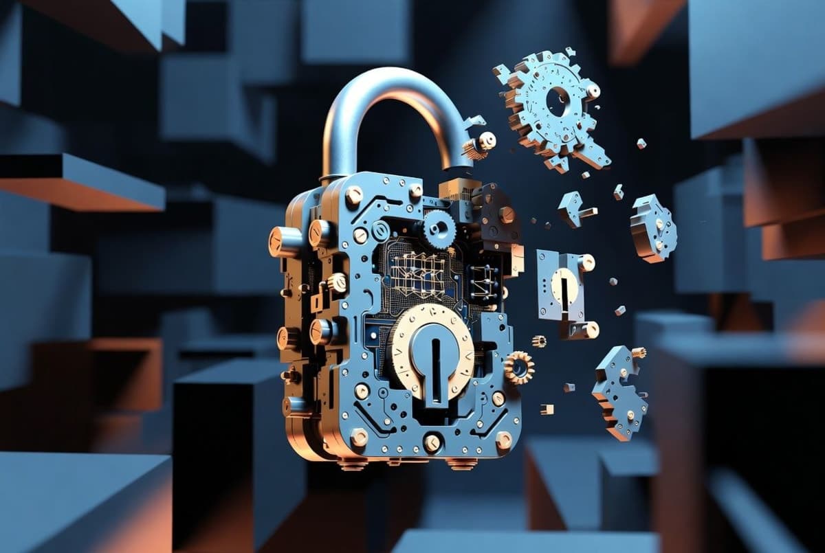 Abstract visualization of quantum computing circuits overlaid with cryptographic lock symbols transitioning from red to green