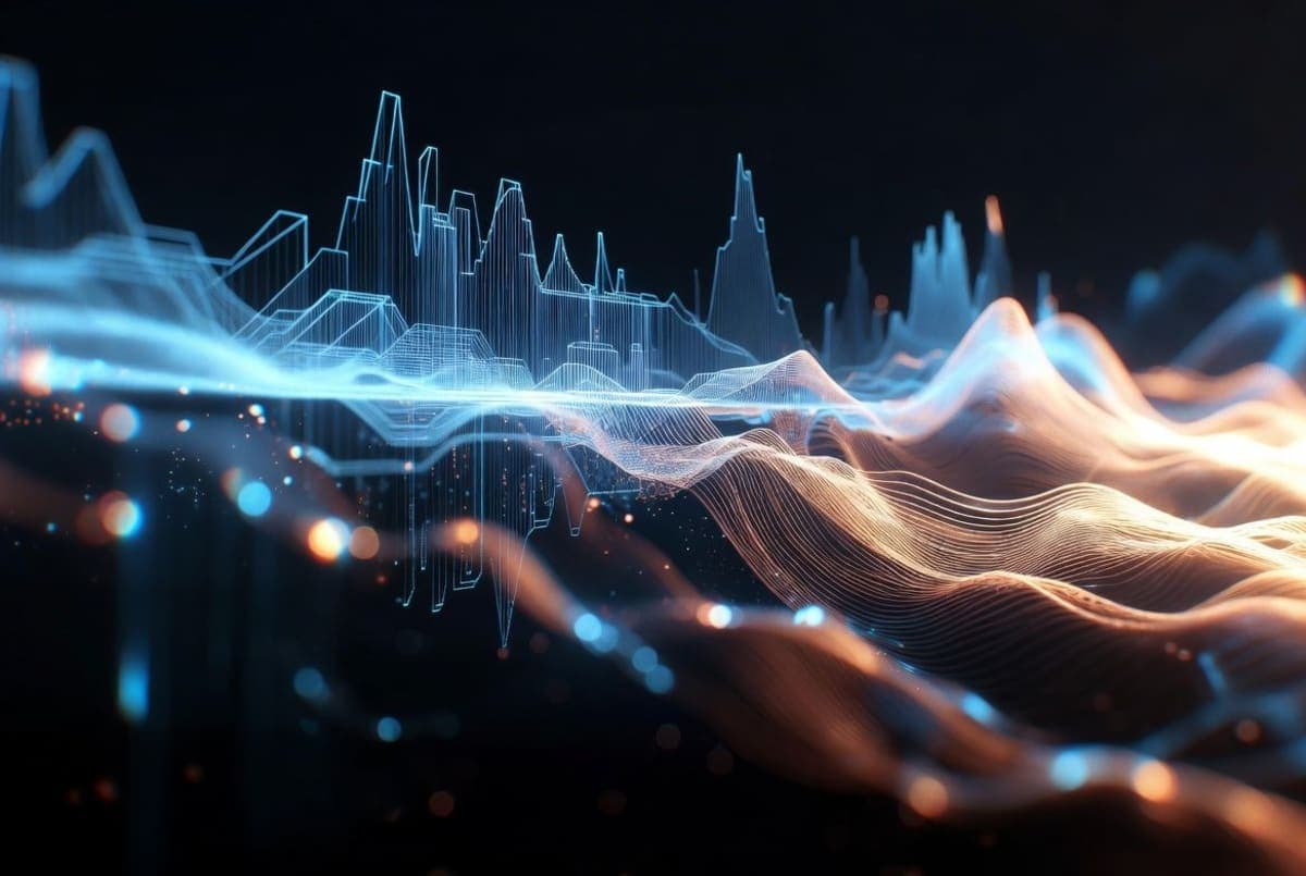 Abstract waveform visualization representing AI-generated speech synthesis with layered audio frequencies