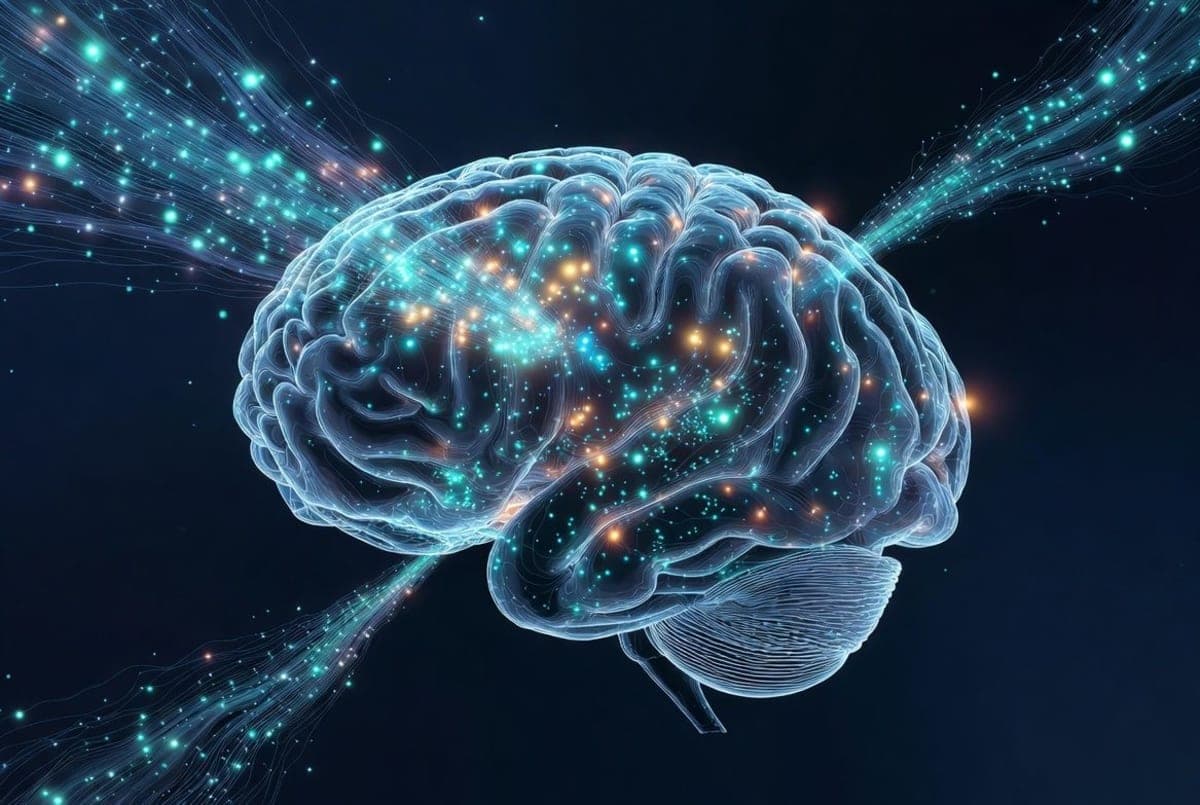 Abstract visualization of neural pathways and brain activity patterns rendered in blue and purple tones against a dark background