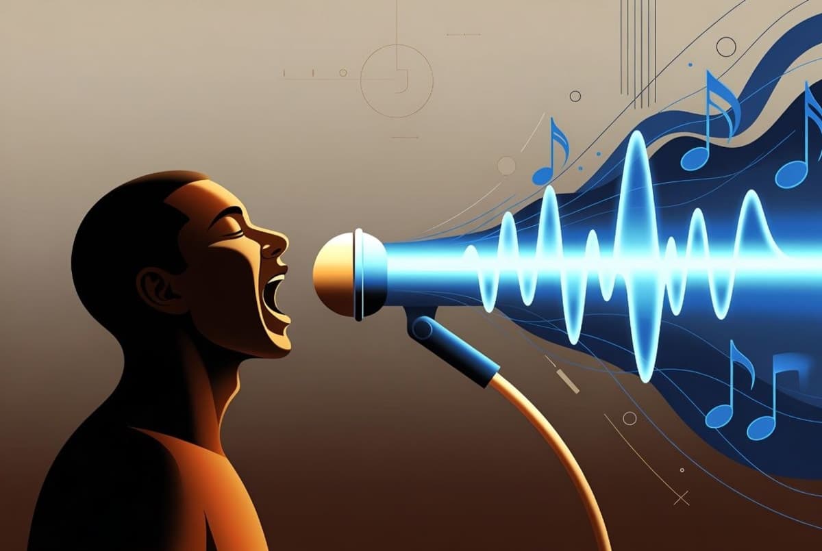 Abstract waveform visualization blending a human vocal silhouette with digital audio patterns in warm and cool tones