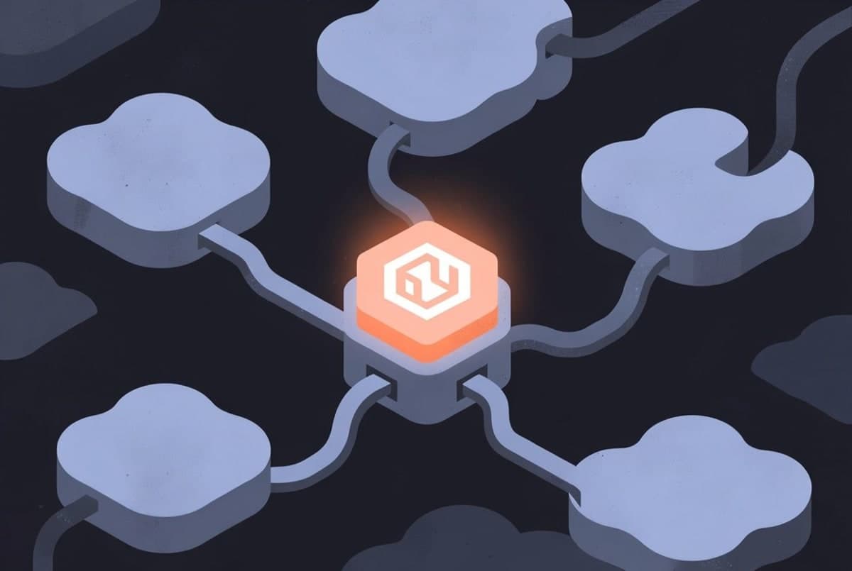 Abstract diagram showing multiple cloud platform logos connected by adapter plugs to a central Next.js framework node