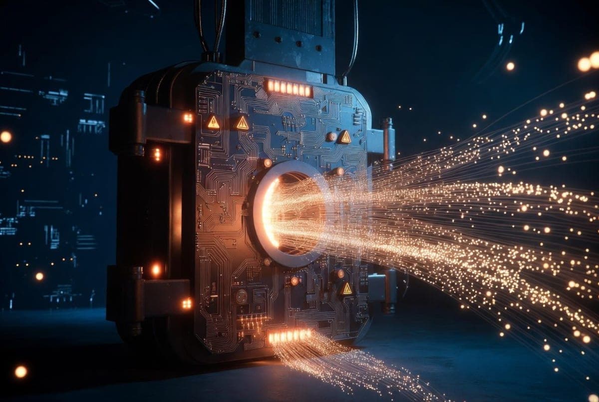 Abstract visualization of data flowing through an unsecured digital gateway, with warning indicators and security alerts overlaid