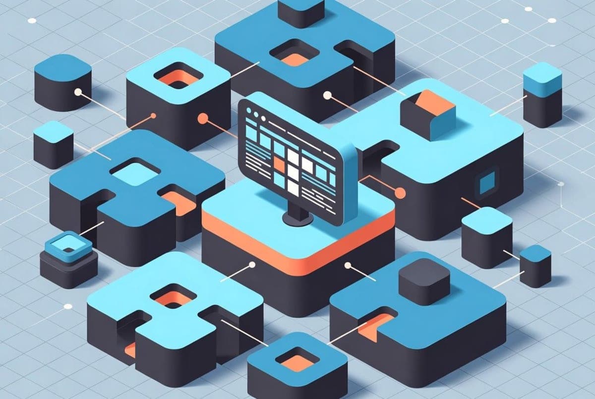 Abstract representation of modular software components connecting to a central coding platform