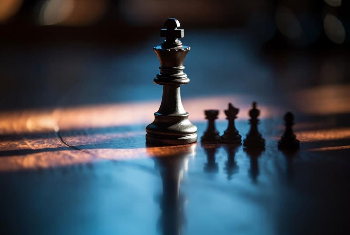 Silhouette of a chess king piece casting a long shadow over smaller pieces on a board, dramatic side lighting