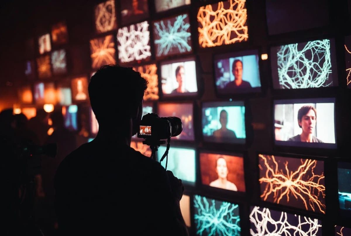 Documentary film screening audience watching a large screen displaying artificial intelligence imagery in a darkened theater