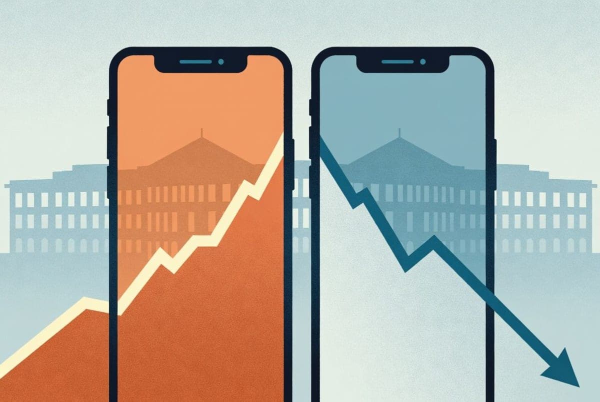 Split screen showing Claude and ChatGPT app icons on smartphone screens with download charts trending in opposite directions