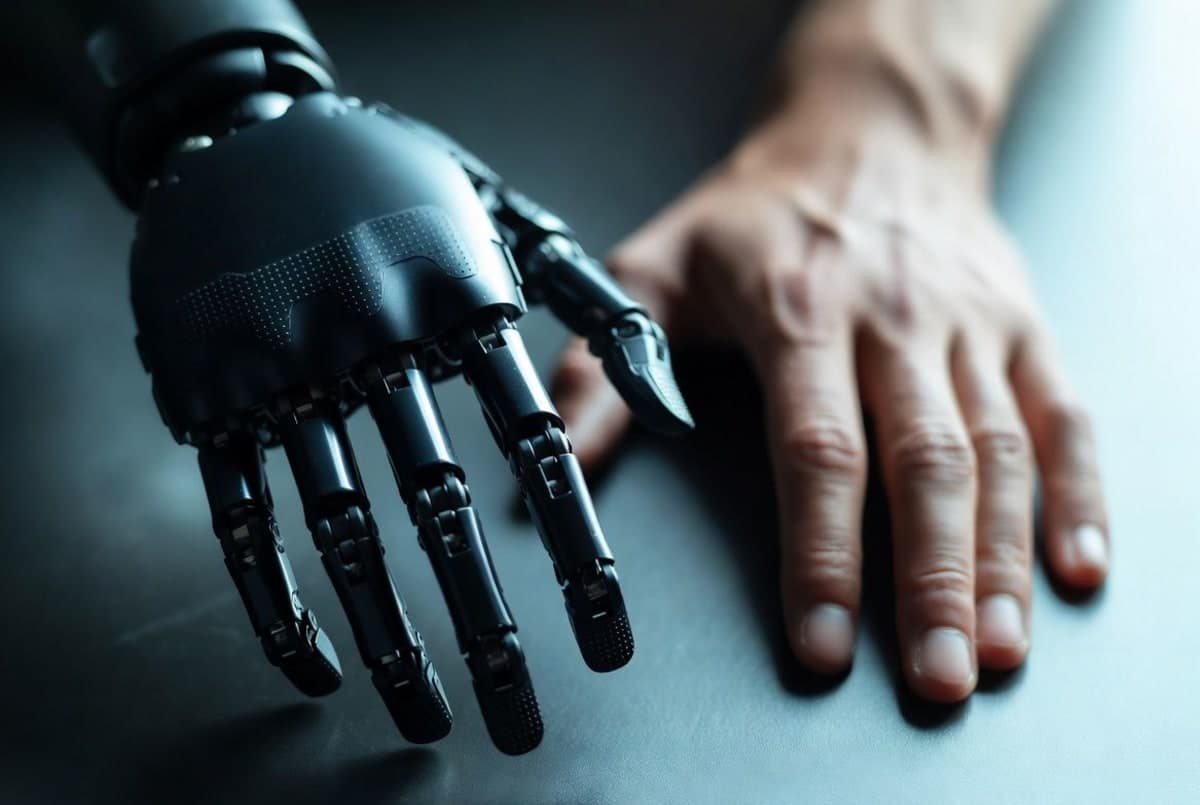 Close-up of Xiaomi CyberOne's redesigned bionic hand with visible tactile sensor pads on fingertips and palm surface