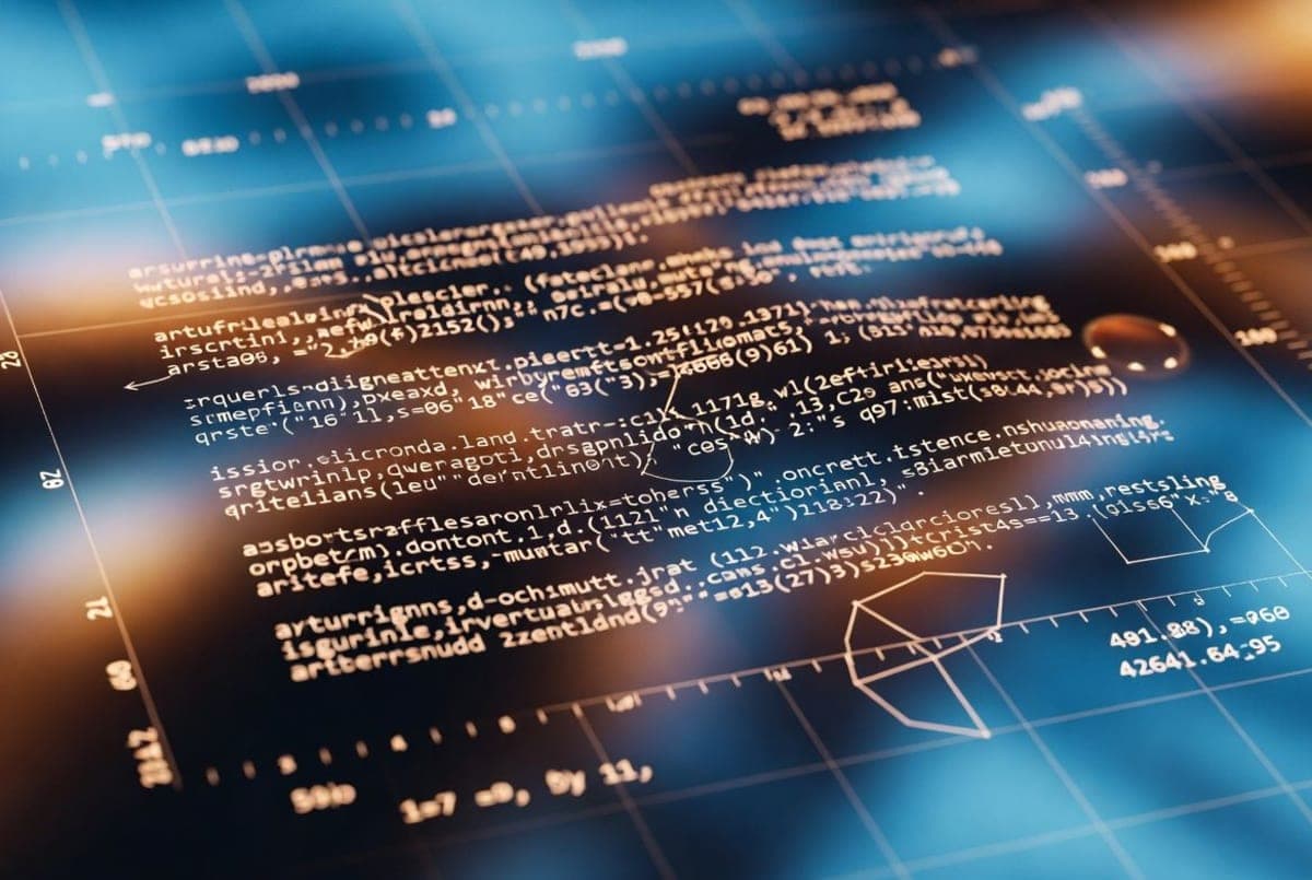Abstract visualization of text flowing around geometric shapes, rendered at high speed with visible mathematical grid lines and measurement markers