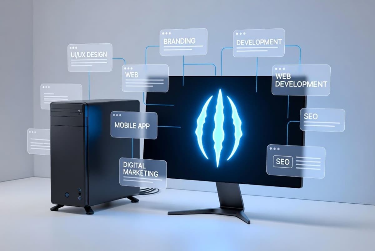 Desktop computer screen displaying an AI agent interface with automation workflow nodes and a one-click install button