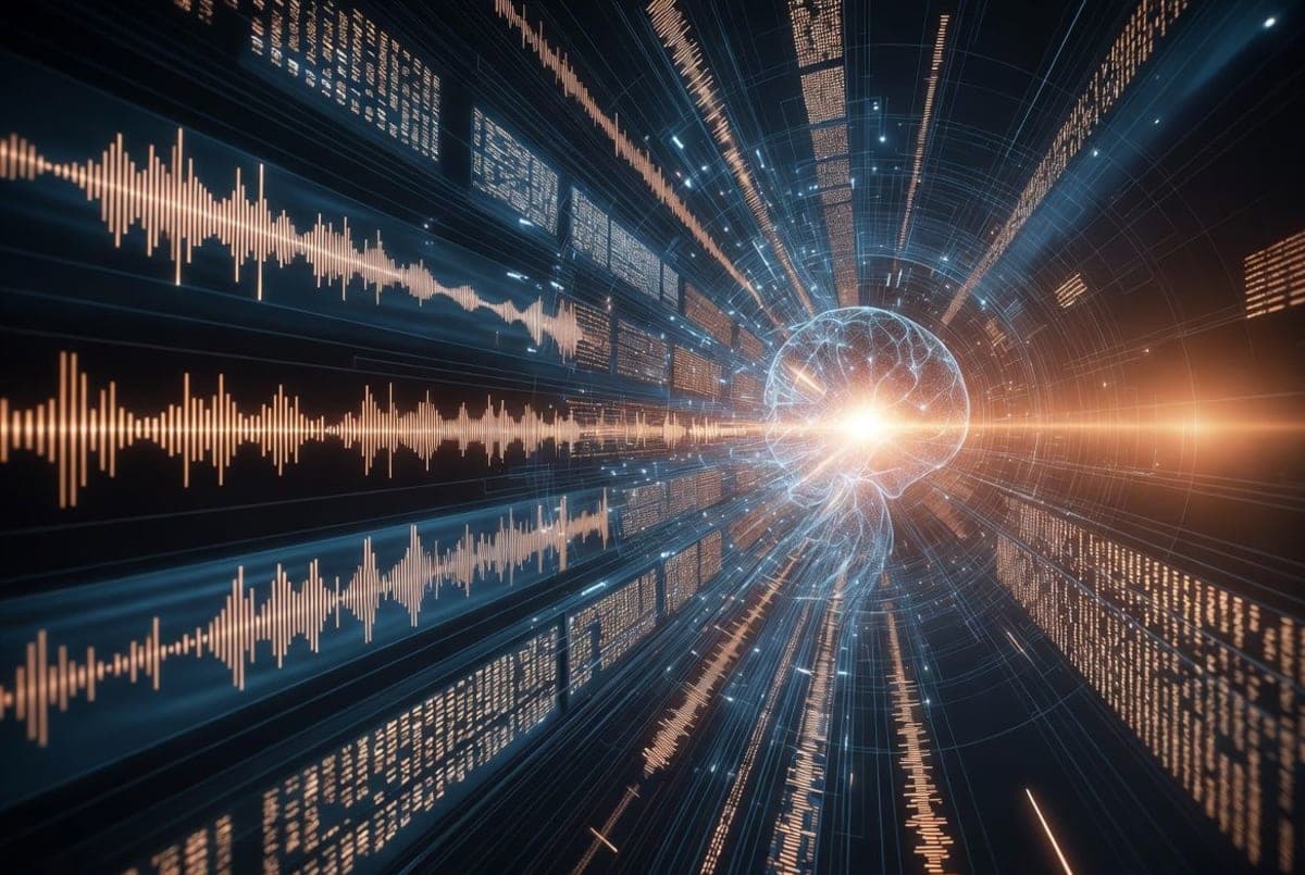 Abstract visualization of multimodal AI processing audio waveforms, text, and video frames simultaneously through a neural network