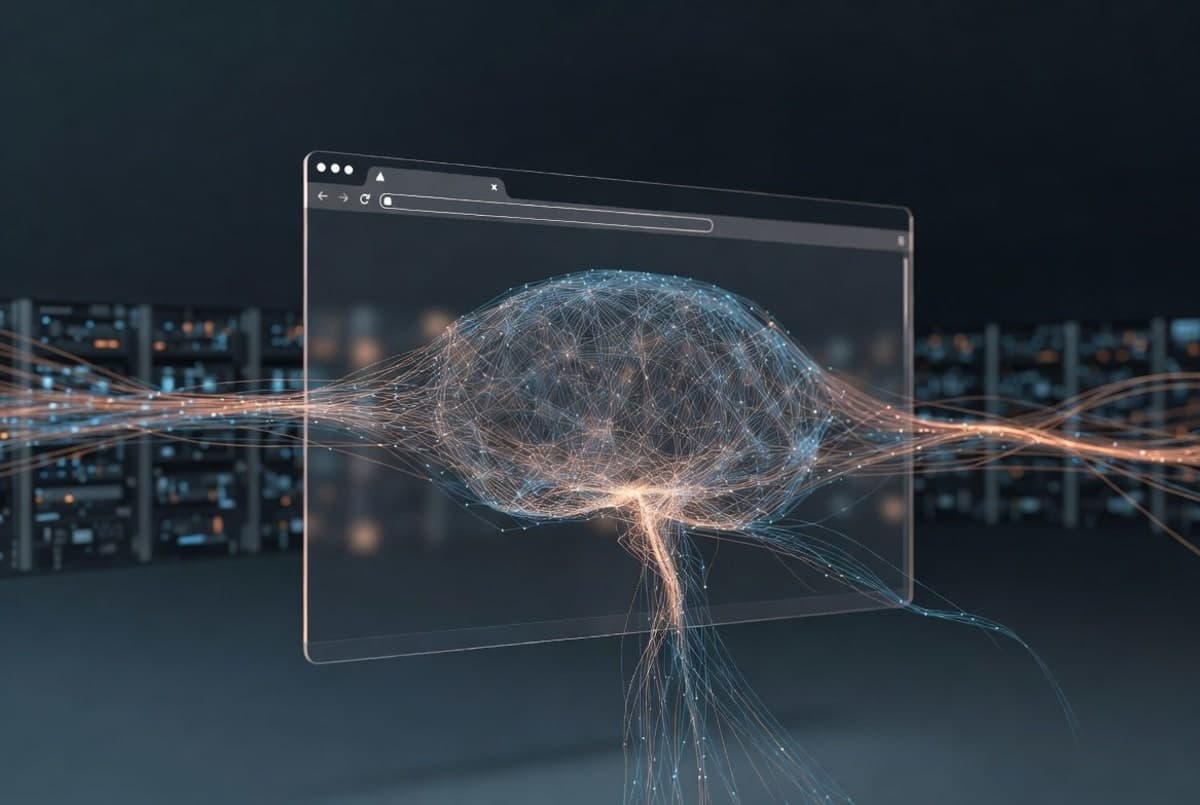 Abstract visualization of neural network layers rendered inside a browser window frame, with GPU acceleration patterns radiating outward