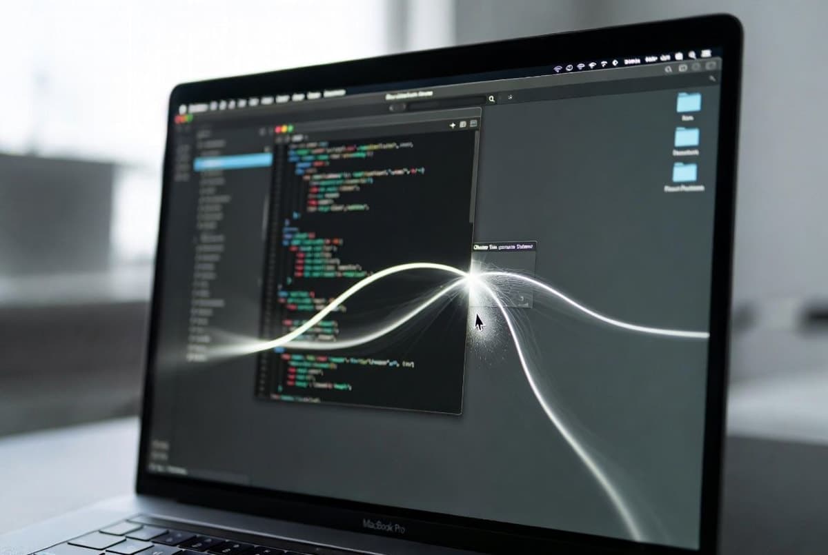 A Mac desktop screen with overlaid click targets and navigation paths showing an AI agent autonomously controlling applications