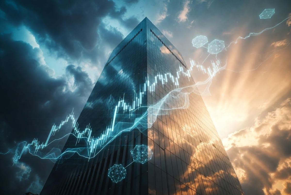 Abstract financial district skyline with overlapping data charts and AI neural network patterns in blue and white tones