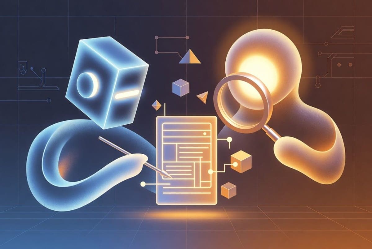 Split-screen showing two AI models collaborating on a research document, one generating text while the other reviews with highlighted corrections