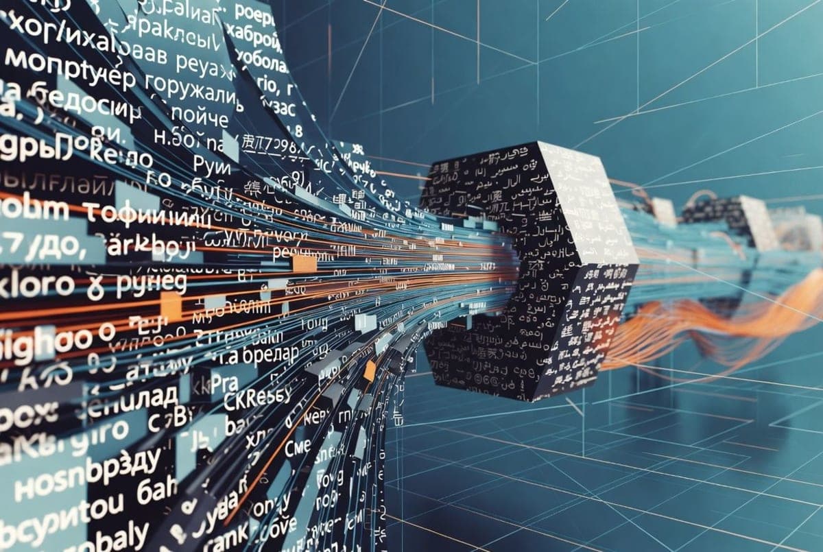Abstract visualization of multilingual text being converted into geometric vector representations across a network of interconnected nodes
