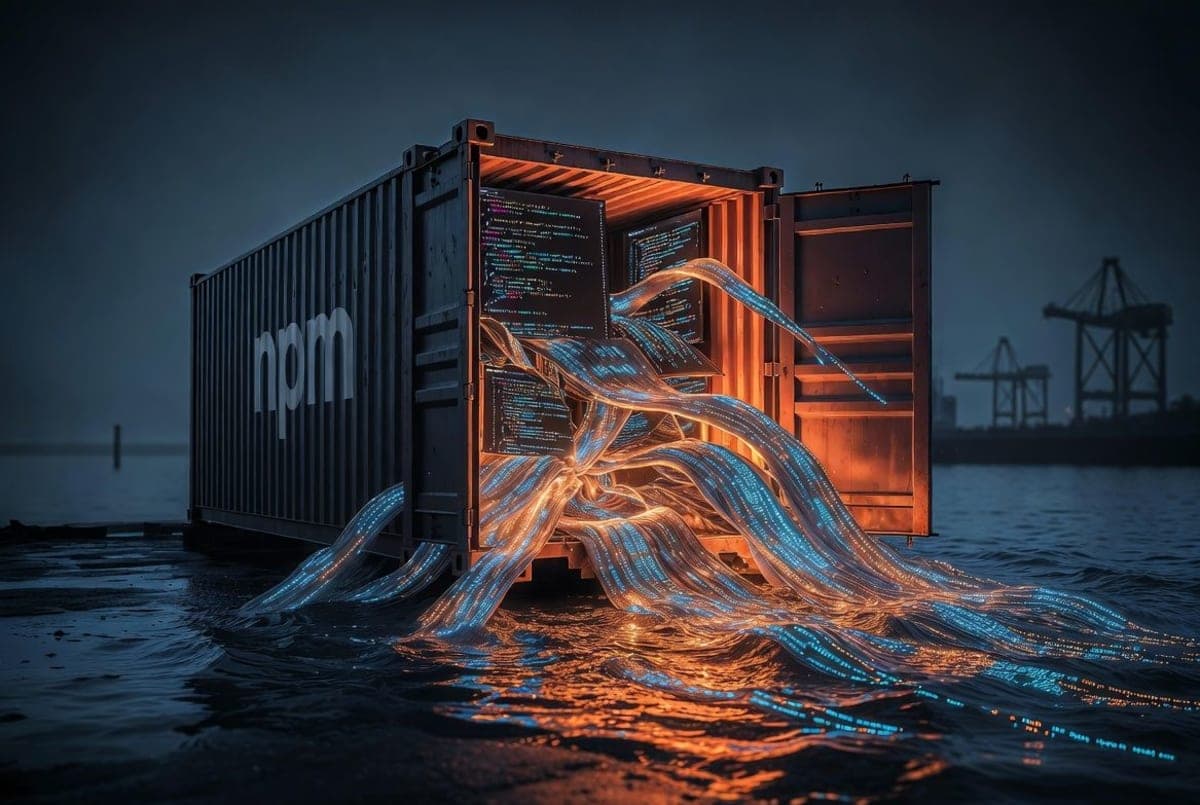 Terminal window showing source map file contents being extracted from an npm package, with TypeScript code visible in the background