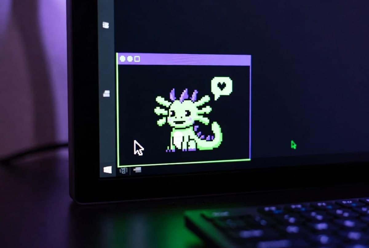 ASCII art creature displayed in a dark terminal window next to a code editor, with a speech bubble and floating heart animation