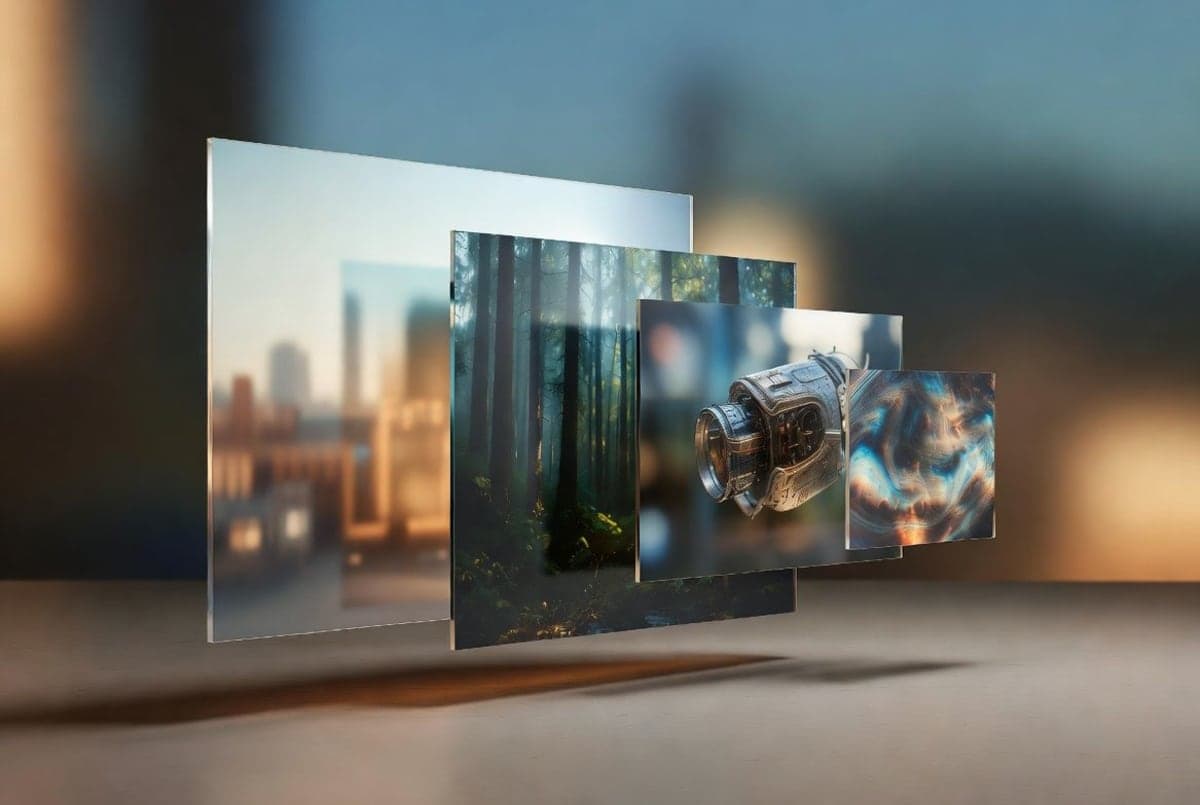 Abstract composition of four glowing image tiles emerging from a neural network mesh, representing AI image generation tiers