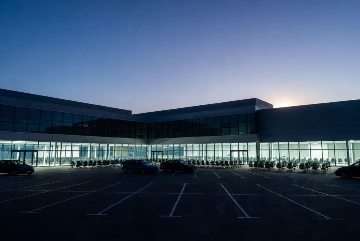 Empty office building hallway with fluorescent lighting and rows of abandoned workstations