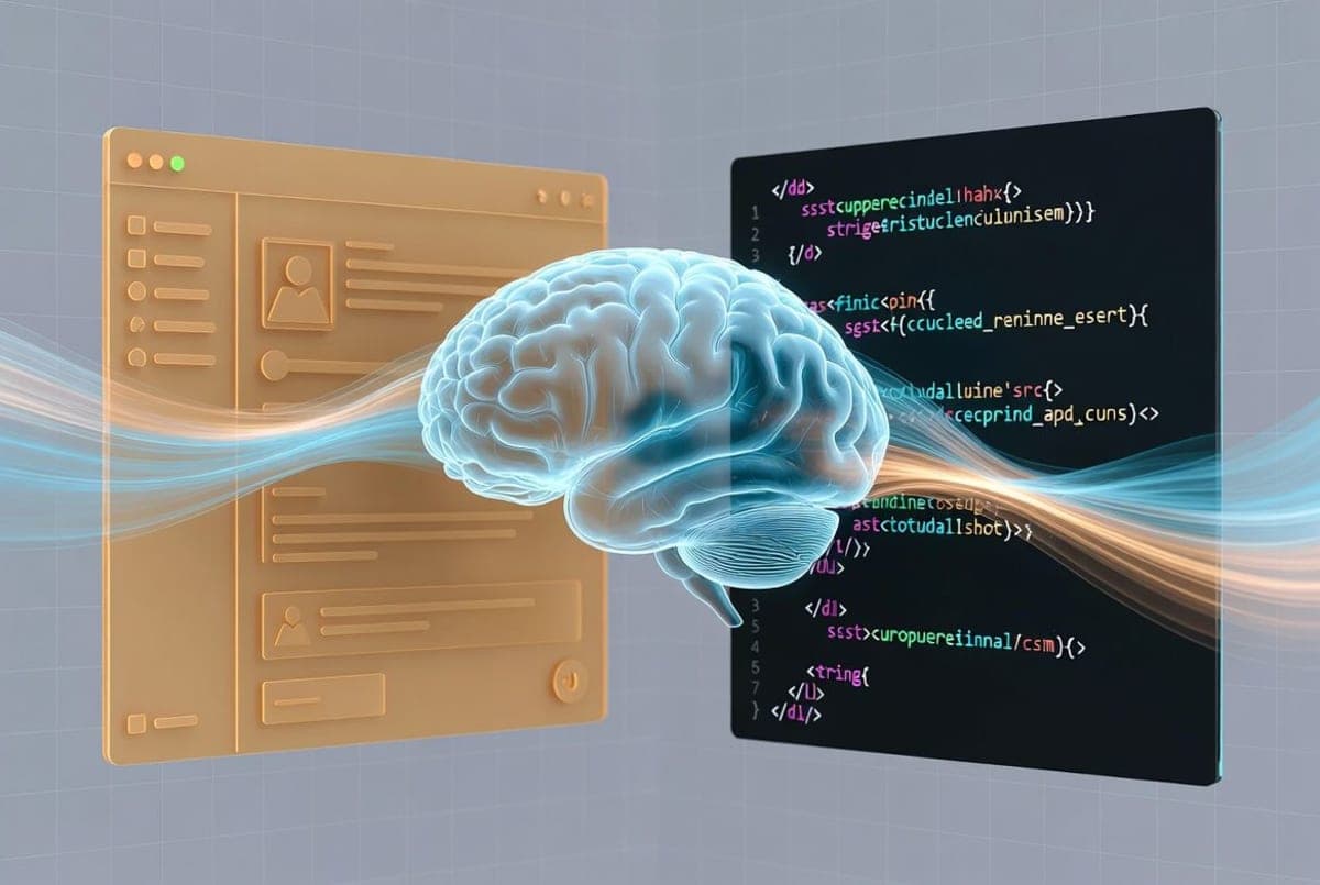 Abstract visualization of a design mockup being transformed into lines of code through an AI model pipeline