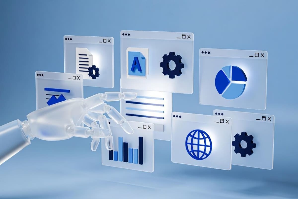 Abstract visualization of an AI agent navigating multiple desktop application windows simultaneously