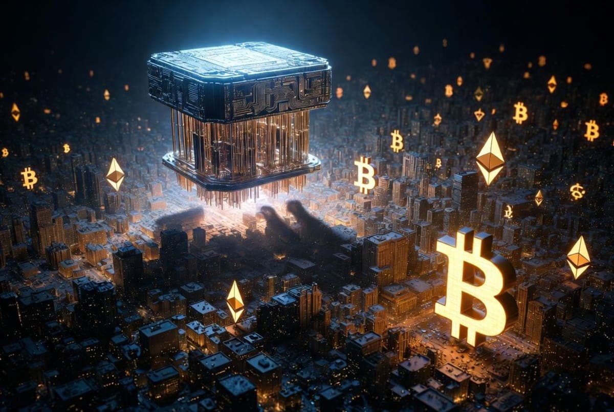 Abstract quantum computing processor with glowing qubits overlaid on a fading blockchain network visualization