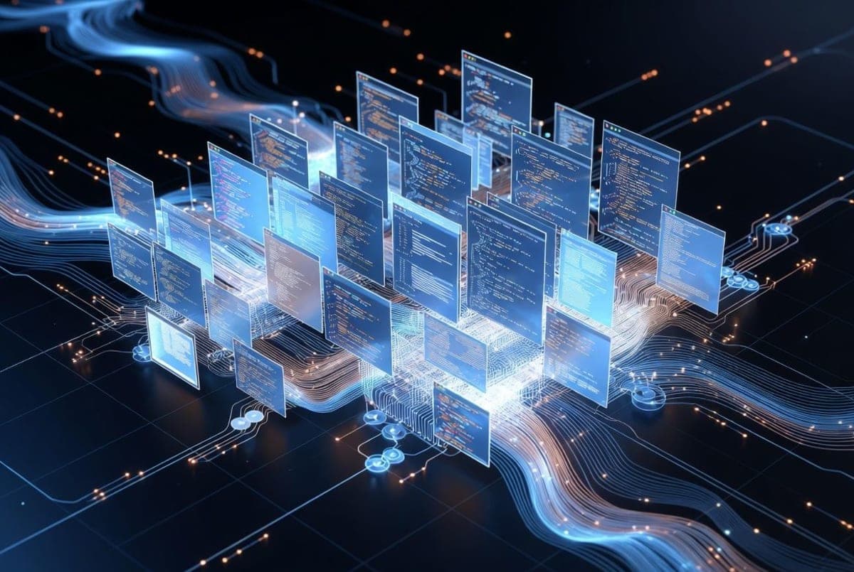 Abstract representation of multimodal AI processing code, images, and documents simultaneously