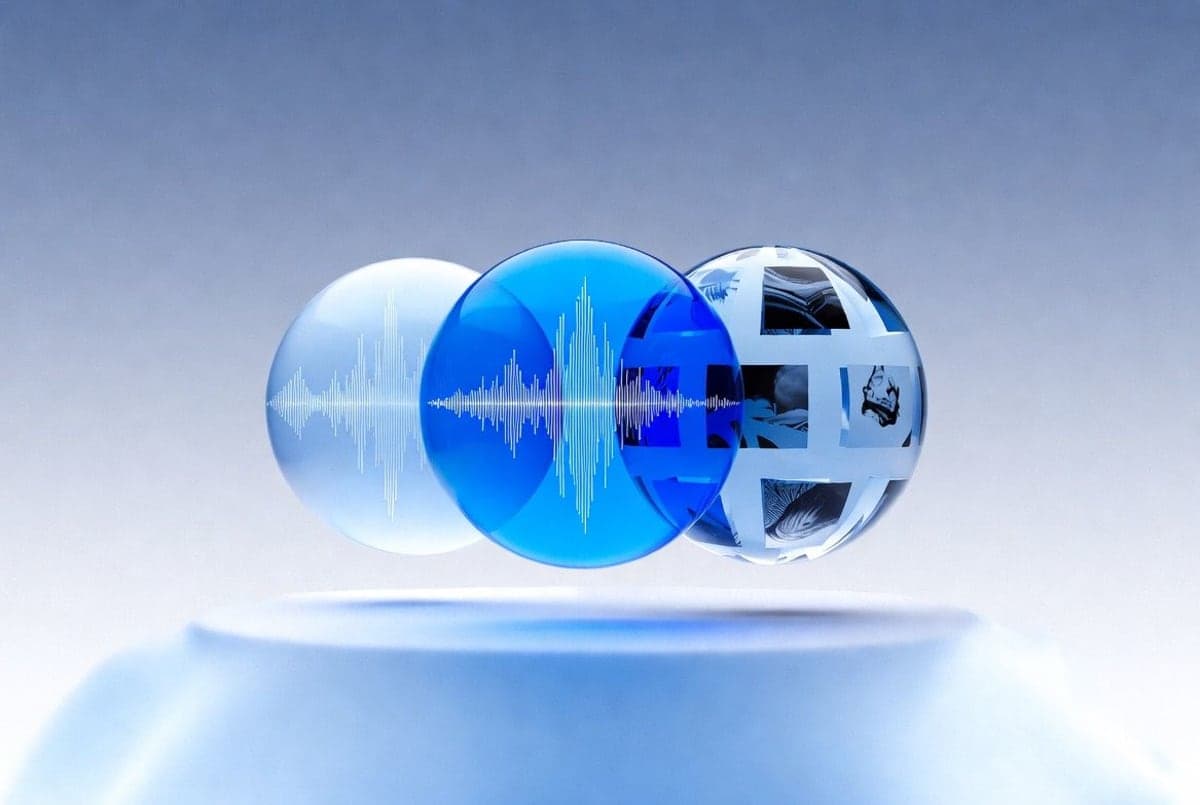 Abstract composition of soundwave, microphone, and image generation icons on a neutral background representing Microsoft's new MAI multimodal AI models