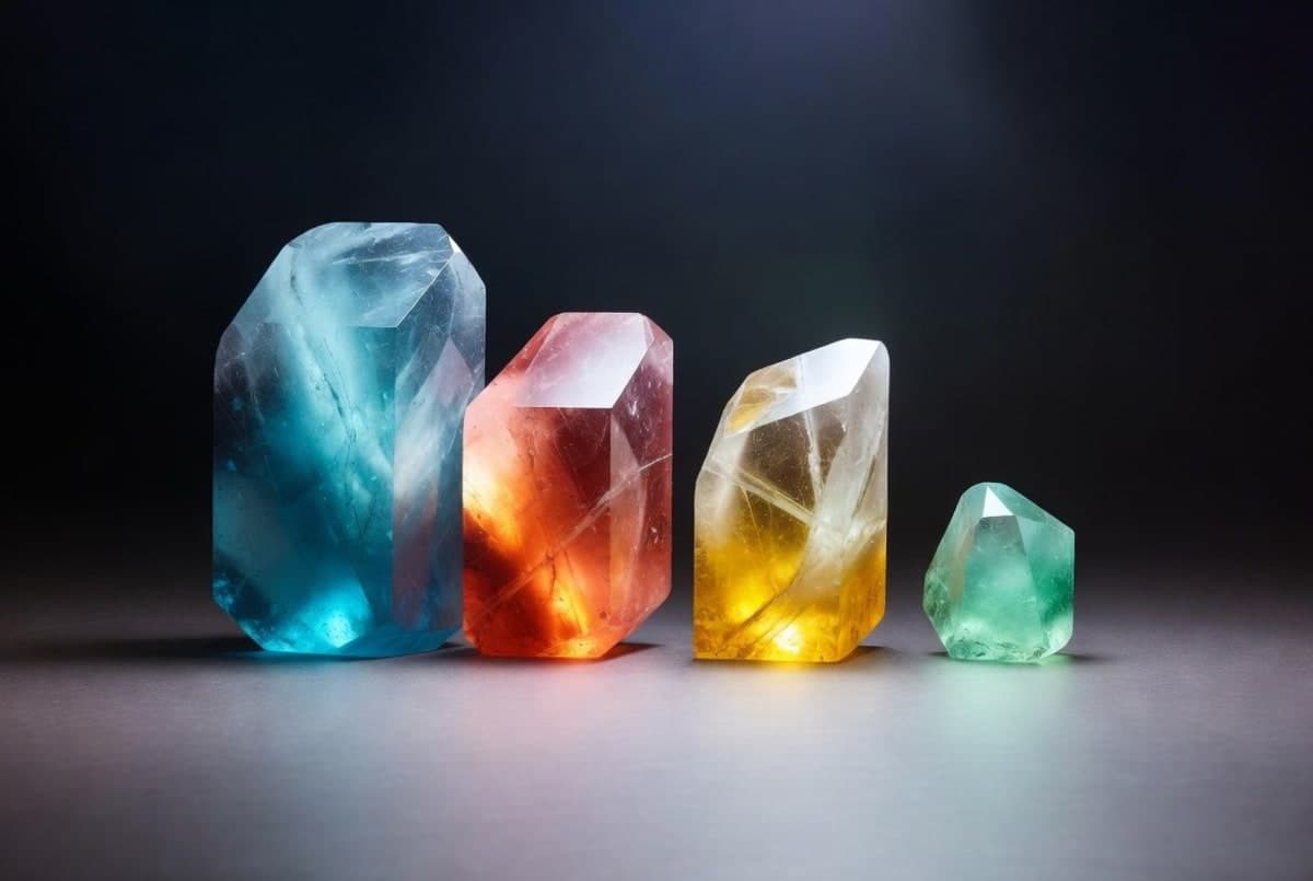 Abstract geometric pattern of four crystalline gemstones in varying sizes arranged on a gradient background, representing Google's Gemma 4 model family