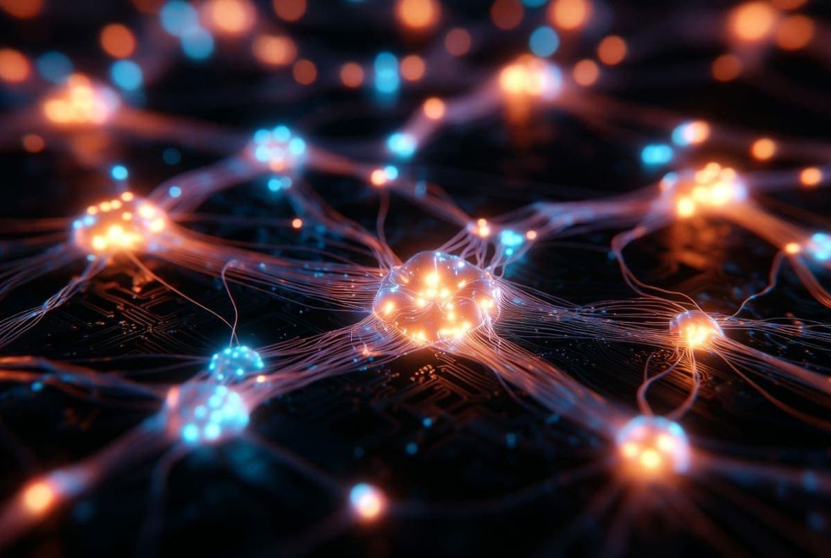 Abstract visualization of neural network activation patterns organized in clusters, with warm and cool colored nodes representing positive and negative emotional vectors