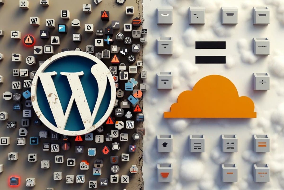 Split-screen illustration showing a modern TypeScript code editor on one side and a classic WordPress dashboard on the other, with a typographic em dash symbol between them