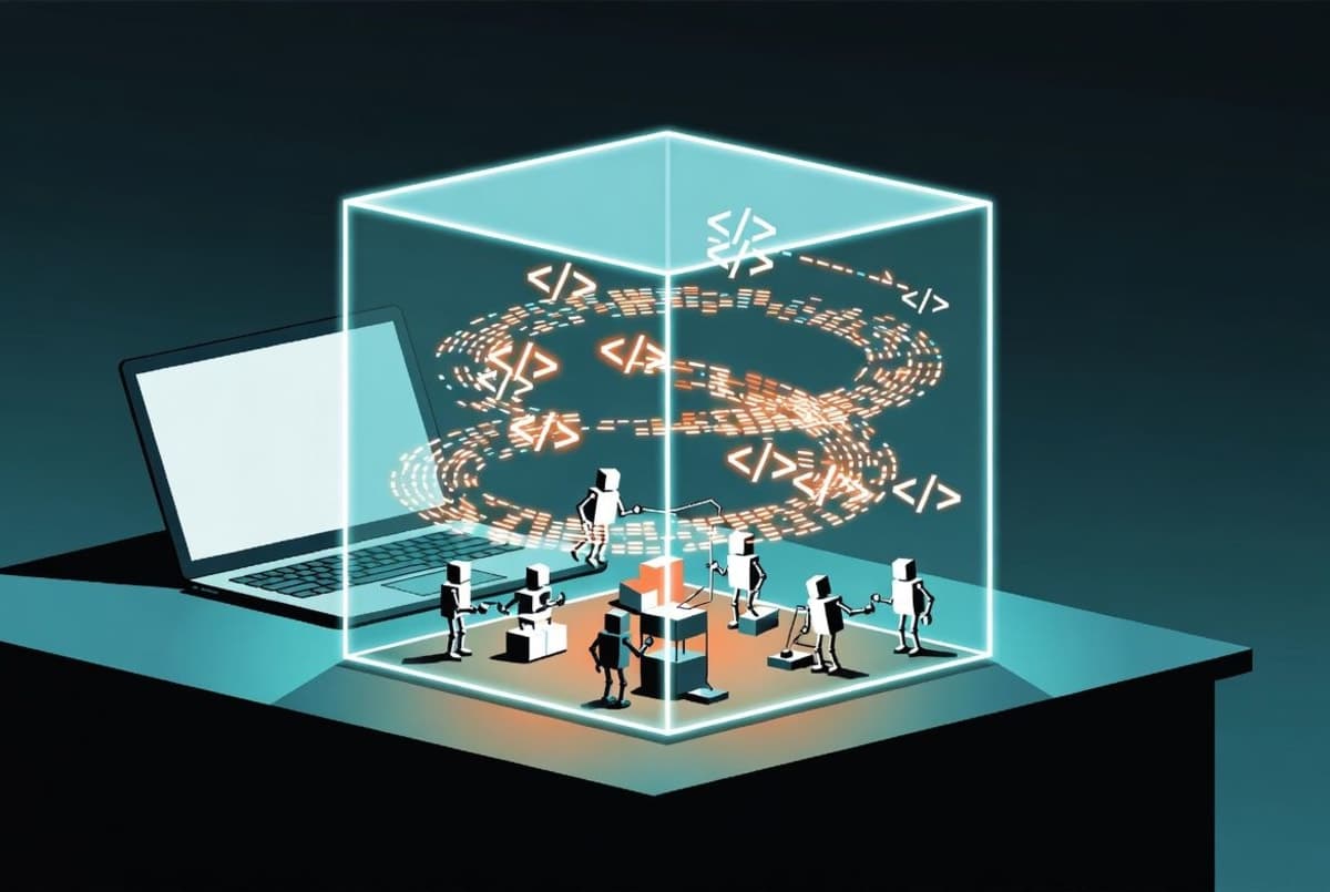 A transparent container box enclosing circuit board patterns and robotic arms, floating above an untouched laptop workspace