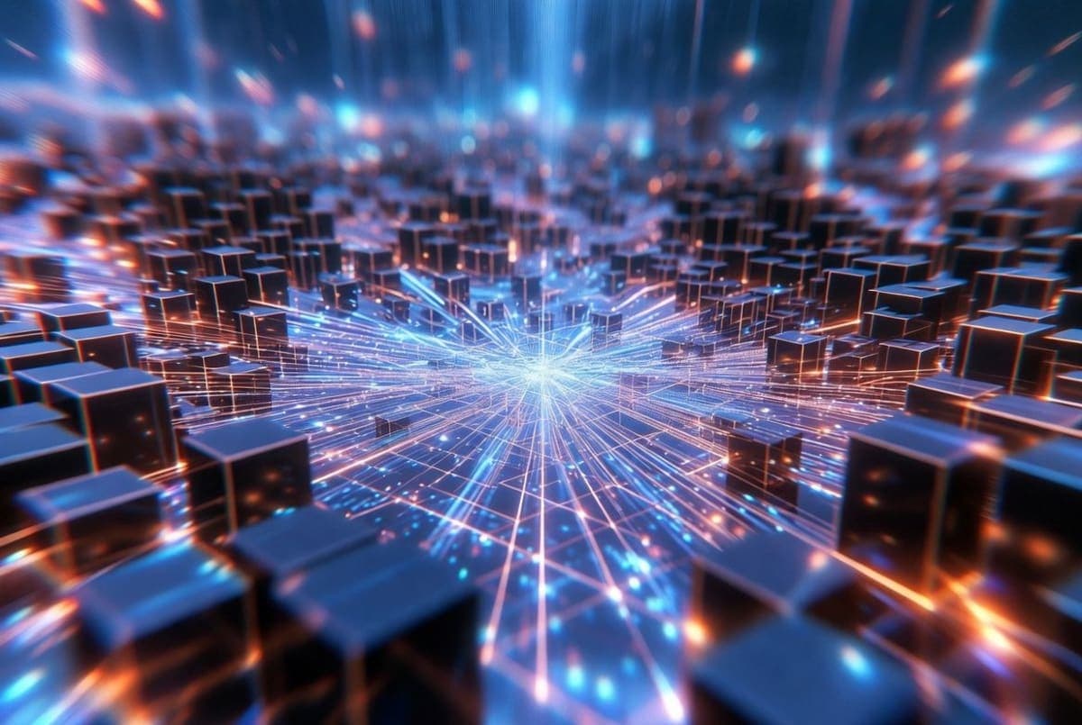 Abstract 3D environment expanding outward from a central point, representing generative spatial AI world creation