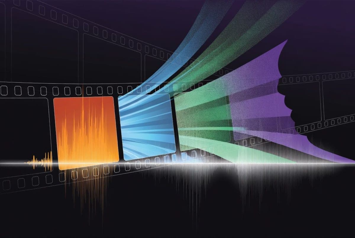 Abstract visualization of sound waves being generated from video frames, with four colored streams representing semantic, temporal, aesthetic, and spatial audio dimensions