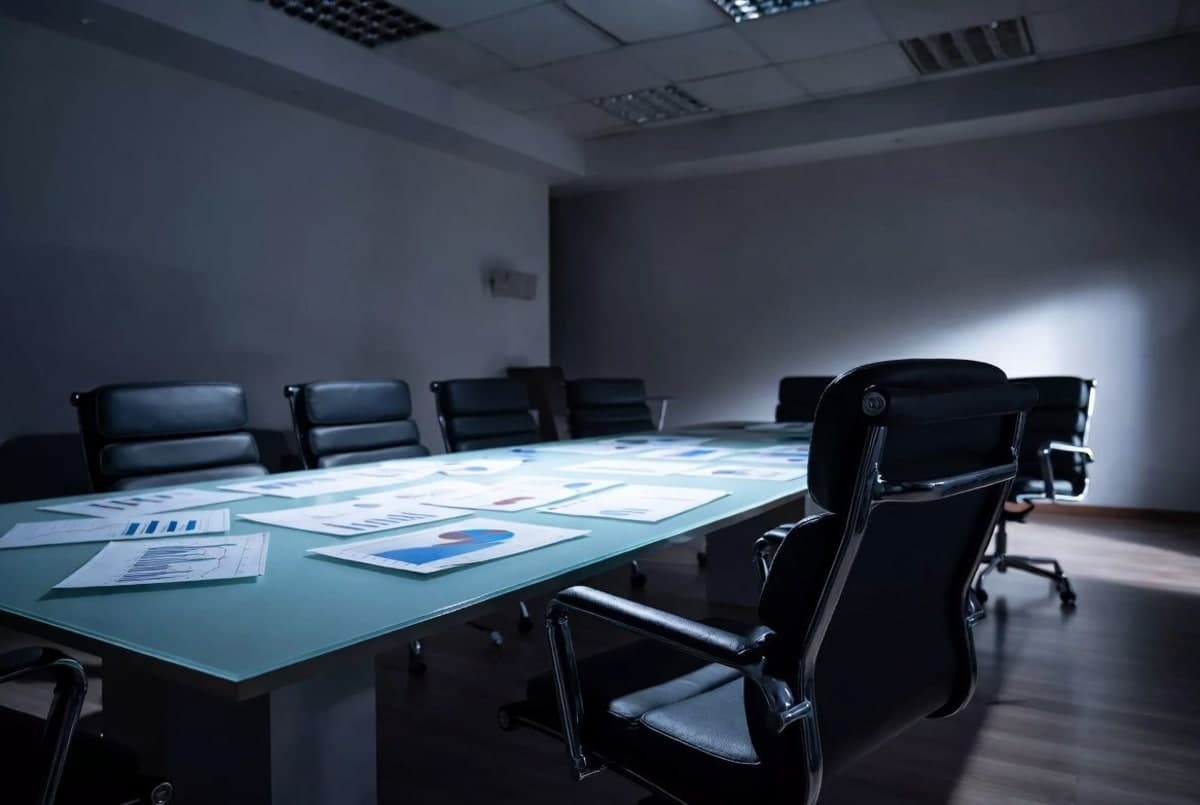 Corporate boardroom with empty chair at a conference table, tension suggested by scattered financial documents