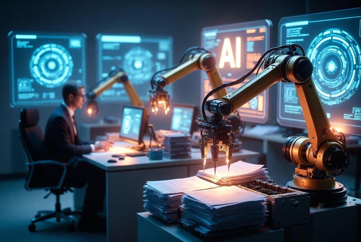 Abstract visualization of AI agents replacing traditional professional services workflows