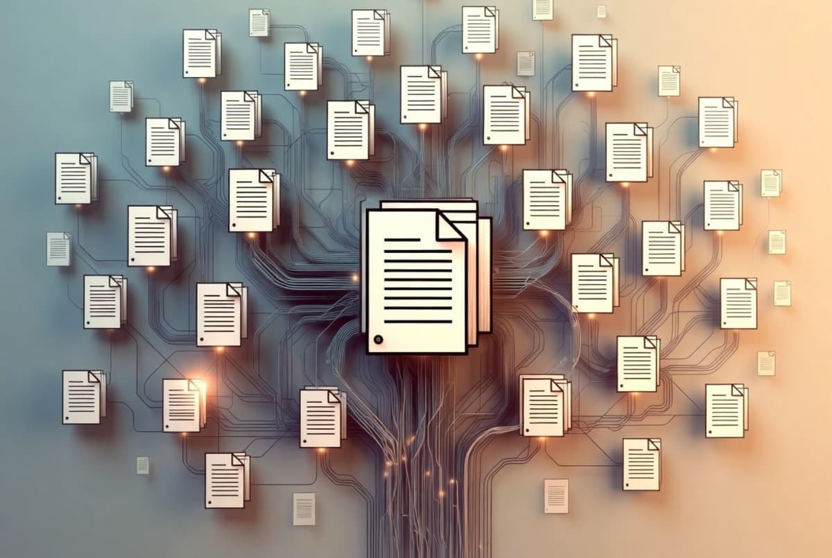 A structured knowledge graph rendered as interconnected markdown documents flowing into a central wiki, with raw source materials on one side and organized pages on the other