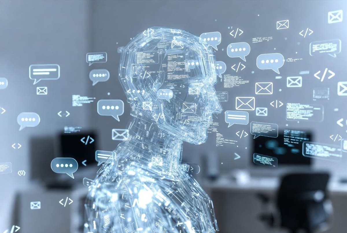 Abstract visualization of a digital silhouette being assembled from floating chat messages and document fragments