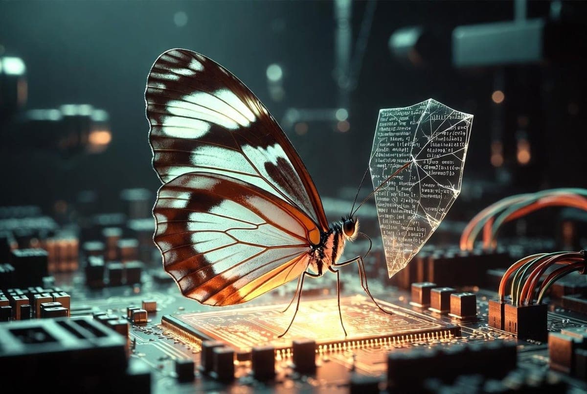 Abstract visualization of a translucent glasswing butterfly overlaid on lines of code, representing software vulnerability and transparency
