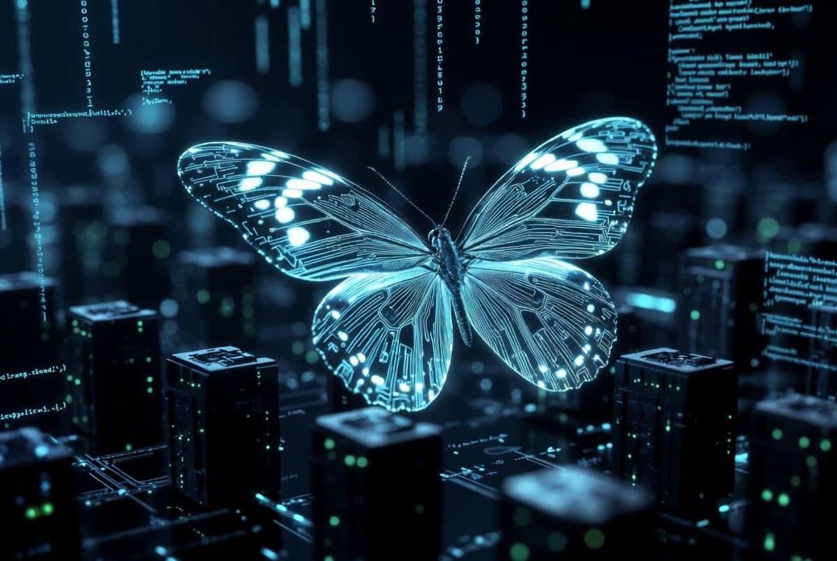 Abstract visualization of interconnected security shields protecting digital infrastructure with a translucent butterfly silhouette