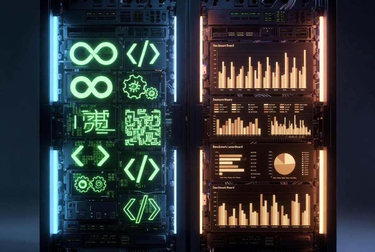 Abstract visualization of a large language model architecture with Chinese and open-source design motifs