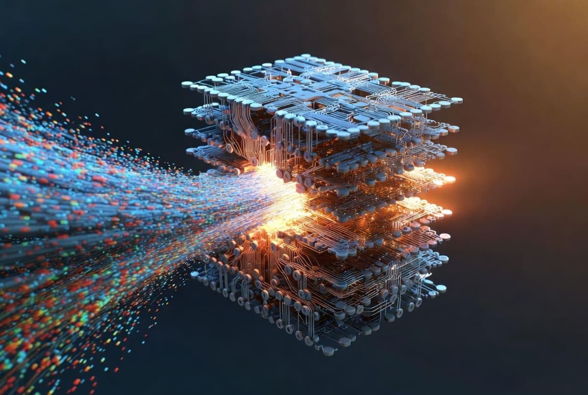 Abstract visualization of a neural network decoder compressing image data into faster output