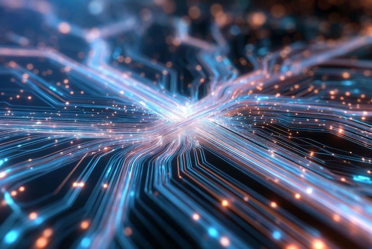 Abstract visualization of a neural network with warm orange and blue nodes connected by glowing pathways, suggesting parallel processing streams