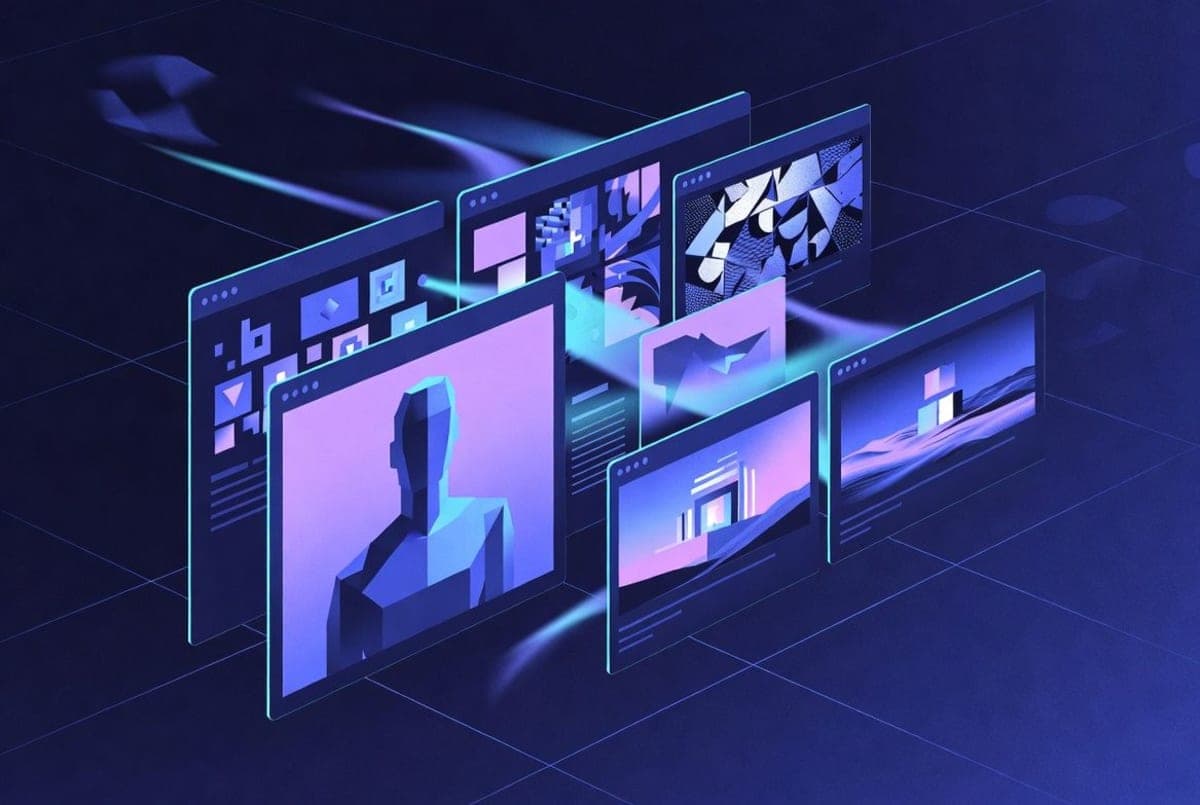 Abstract creative workspace with branded visual assets being generated by AI on multiple screens